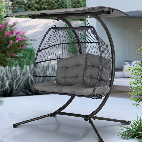 Gardeon Outdoor Furniture Lounge Hanging Swing Chair Egg Hammock Stand Rattan Wicker Grey freeshipping - Awezingly