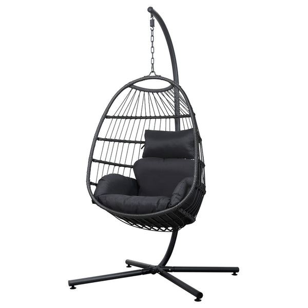Gardeon Swing Chair Egg Hammock With Stand Outdoor Furniture Wicker Seat Black Gardeon