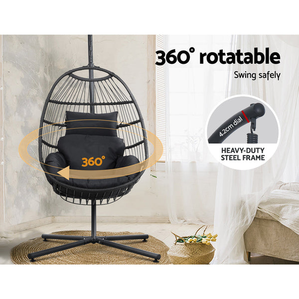 Gardeon Swing Chair Egg Hammock With Stand Outdoor Furniture Wicker Seat Black Gardeon