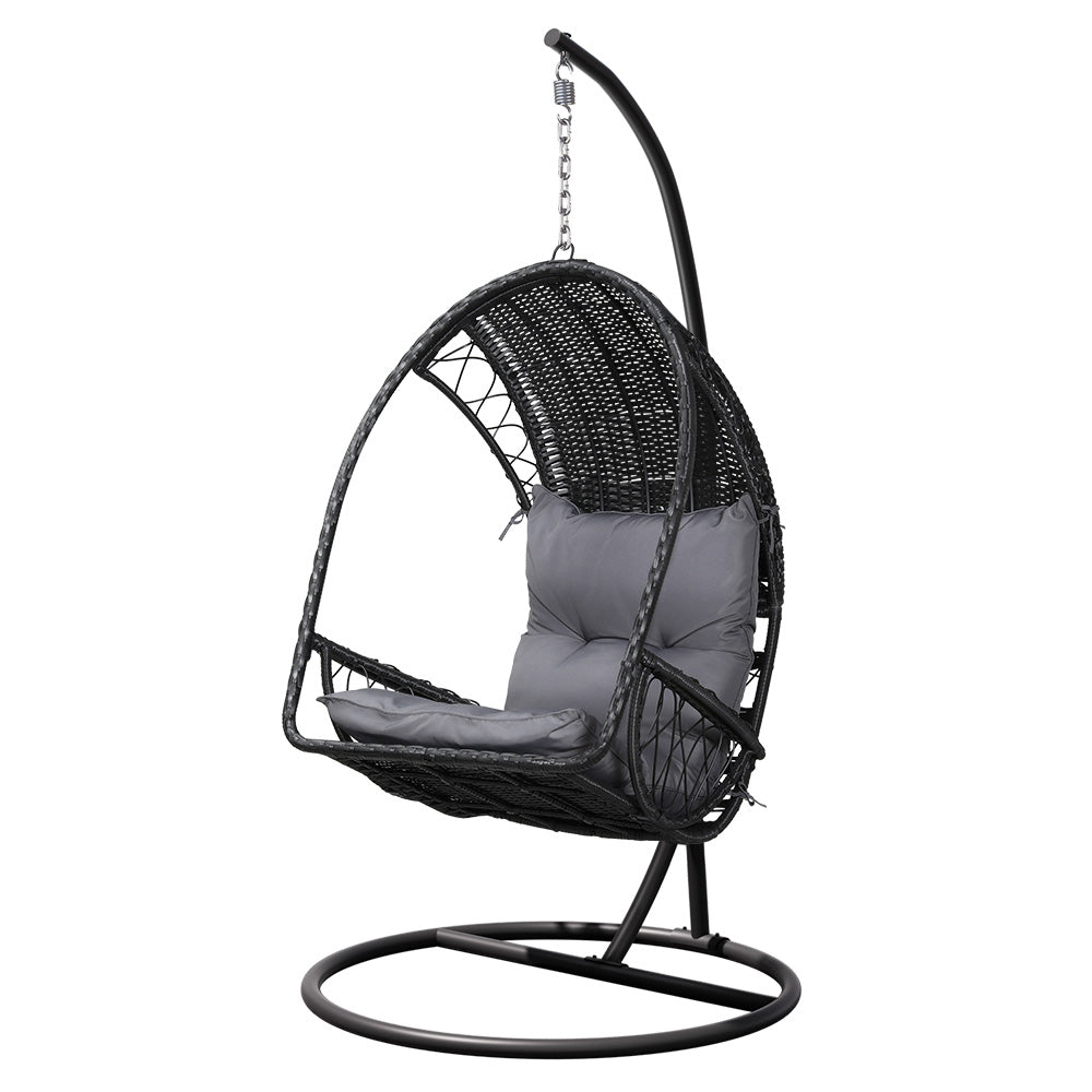 Gardeon Outdoor Egg Swing Chair with Stand Cushion Wicker Armrest Black Gardeon