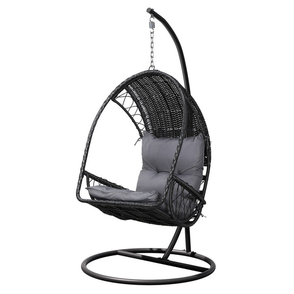 Gardeon Outdoor Egg Swing Chair with Stand Cushion Wicker Armrest Black Gardeon
