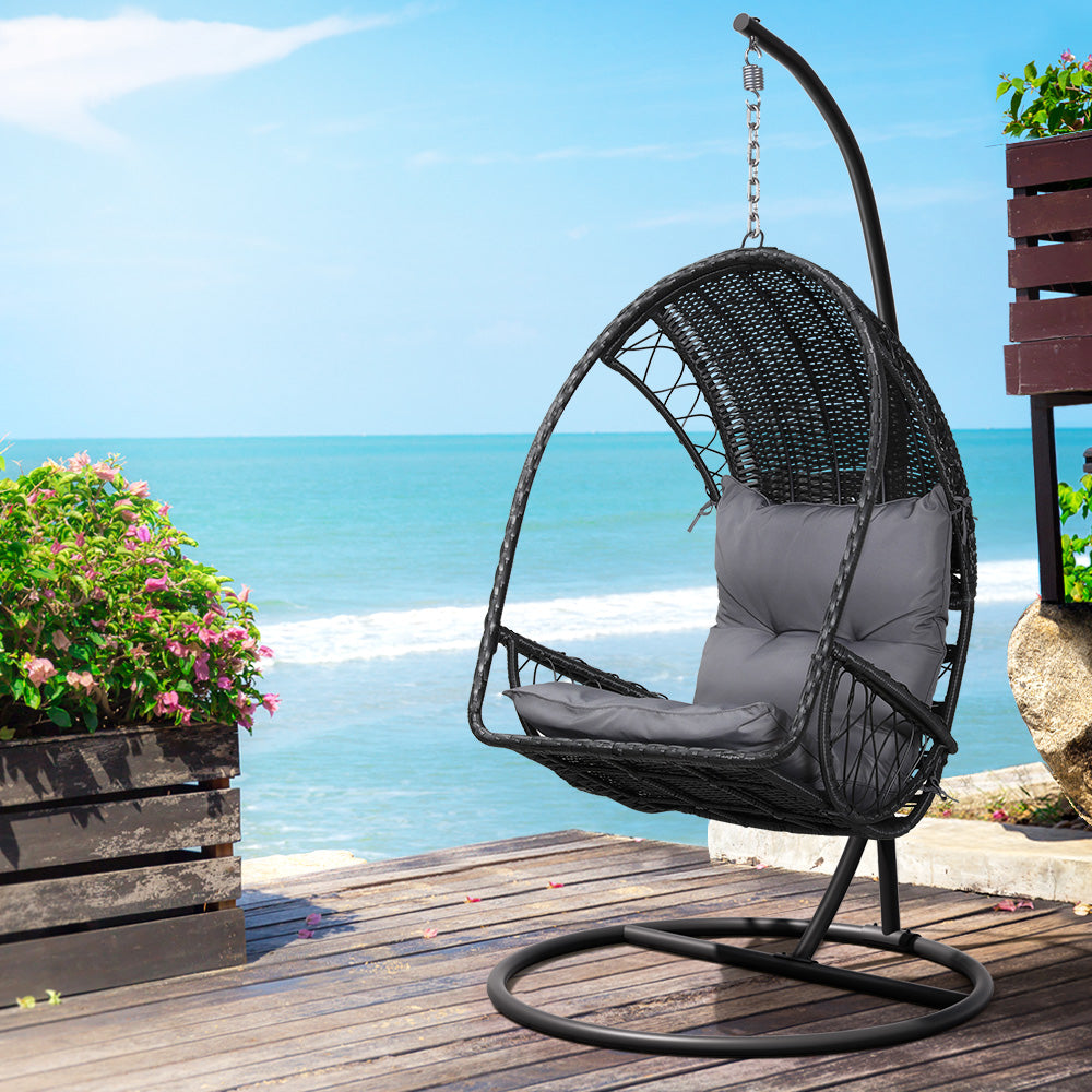 Gardeon Outdoor Egg Swing Chair with Stand Cushion Wicker Armrest Black Gardeon