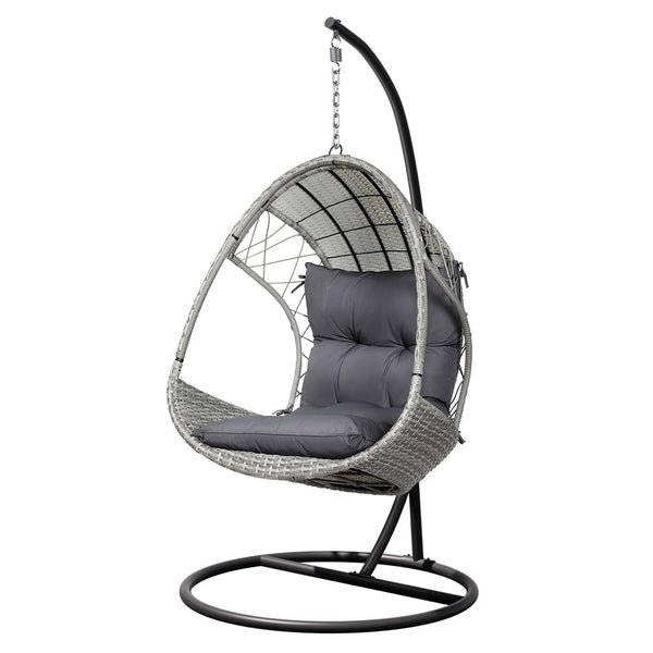 Gardeon Outdoor Egg Swing Chair with Stand Cushion Wicker Armrest Light Grey Gardeon