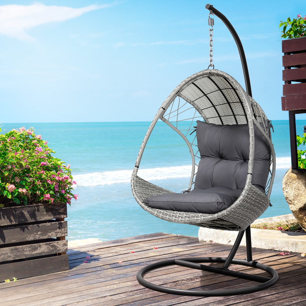 Gardeon Outdoor Egg Swing Chair with Stand Cushion Wicker Armrest Light Grey Gardeon