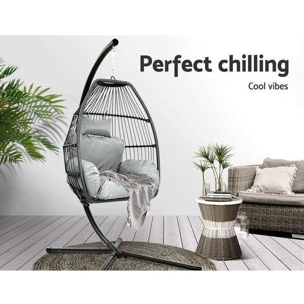 Gardeon Outdoor Furniture Egg Hammock Hanging Swing Chair Stand Pod Wicker Grey freeshipping - Awezingly