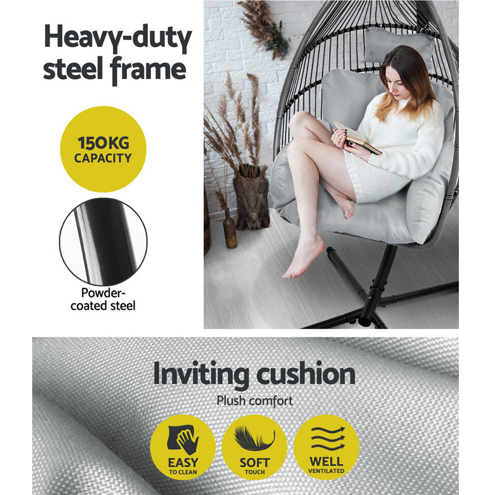 Gardeon Outdoor Furniture Egg Hammock Hanging Swing Chair Stand Pod Wicker Grey freeshipping - Awezingly