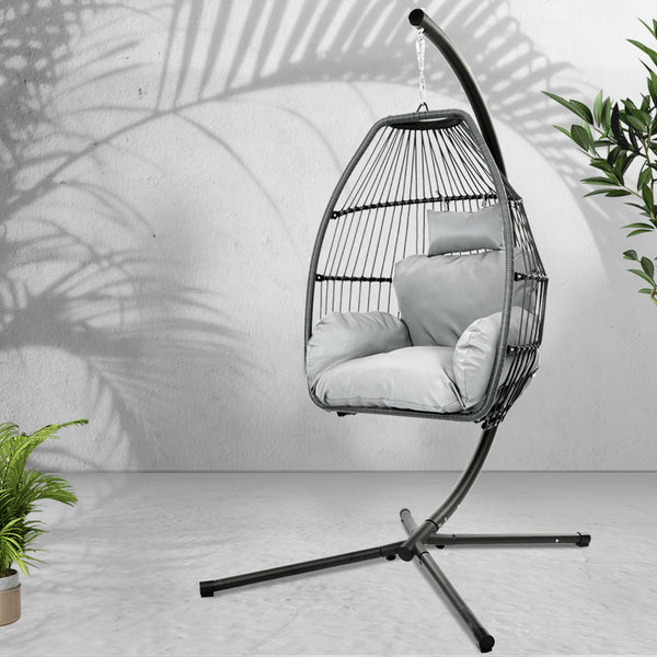 Gardeon Outdoor Furniture Egg Hammock Hanging Swing Chair Stand Pod Wicker Grey freeshipping - Awezingly