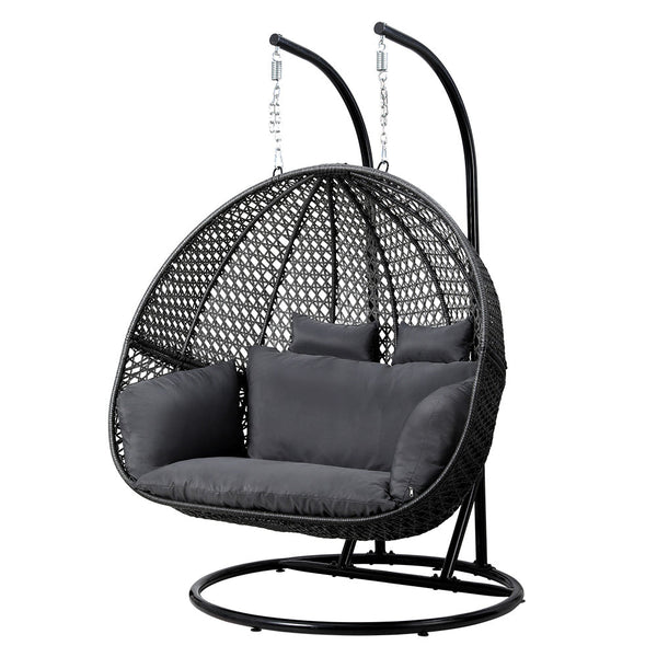 Gardeon Outdoor Egg Swing Chair Hanging Pod Chair Wicker Cushion 2 Person Grey Gardeon
