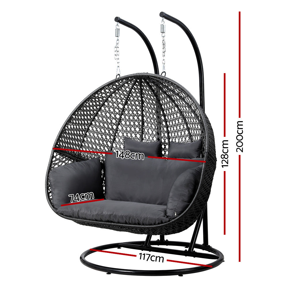 Gardeon Outdoor Egg Swing Chair Hanging Pod Chair Wicker Cushion 2 Person Grey Gardeon