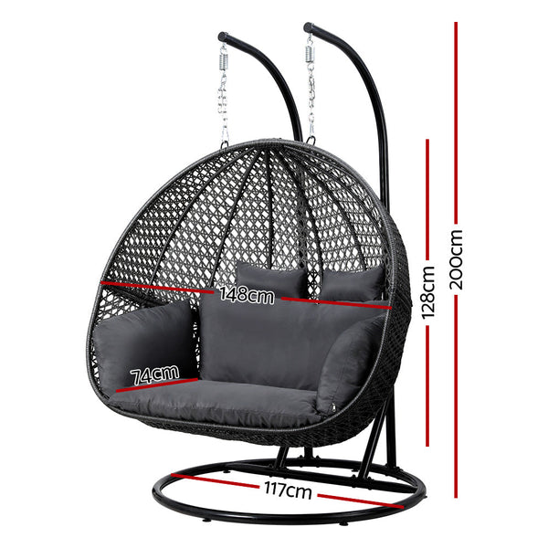 Gardeon Outdoor Egg Swing Chair Hanging Pod Chair Wicker Cushion 2 Person Grey Gardeon