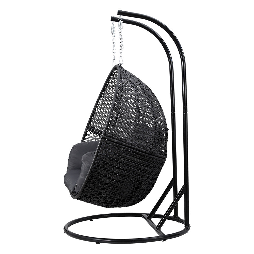 Gardeon Outdoor Egg Swing Chair Hanging Pod Chair Wicker Cushion 2 Person Grey Gardeon