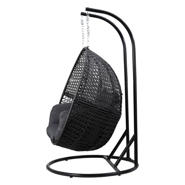 Gardeon Outdoor Egg Swing Chair Hanging Pod Chair Wicker Cushion 2 Person Grey Gardeon