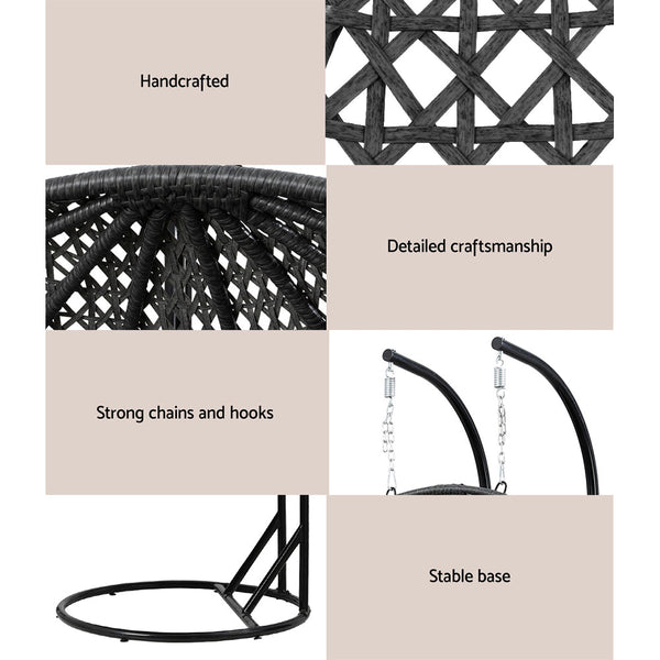 Gardeon Outdoor Egg Swing Chair Hanging Pod Chair Wicker Cushion 2 Person Grey Gardeon