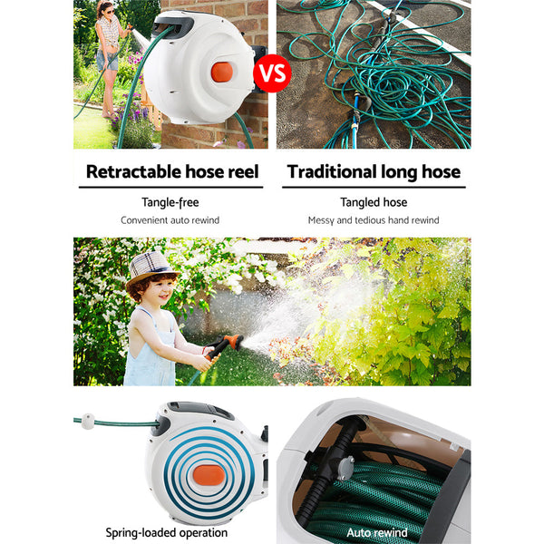 Greenfingers 10M Retractable Water Hose Reel Garden Spray Gun Storage AutoRewind Greenfingers