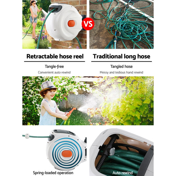 Greenfingers Retractable Hose Reel 20M Garden Water Brass Spray Gun Auto Rewind Greenfingers