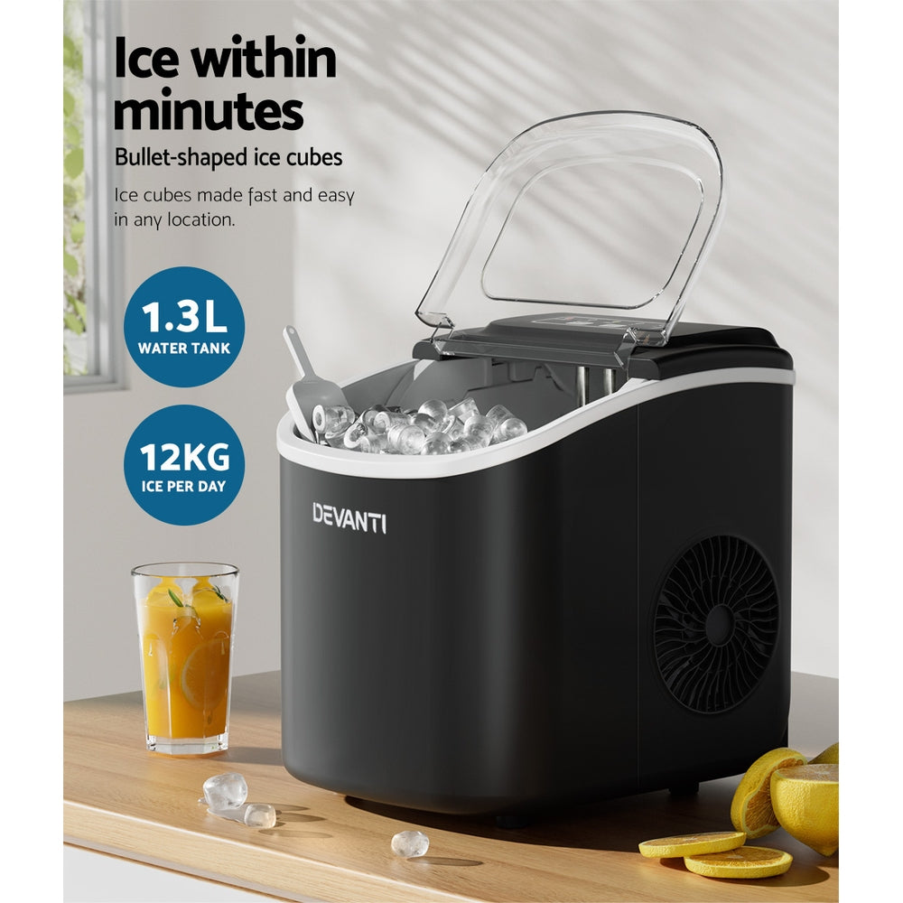Devanti Portable Ice Maker Machine Ice Cube Tray 12kg Bar Countertop Black Devanti