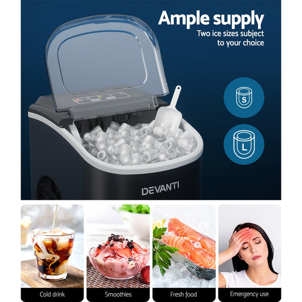 Devanti Portable Ice Maker Machine Ice Cube Tray 12kg Bar Countertop Black Devanti