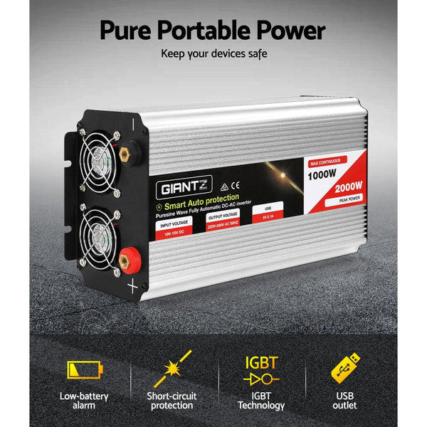Giantz Power Inverter 1000W or 2000W Pure Sine Wave 12V-240V Camping Boat Caravan Giantz