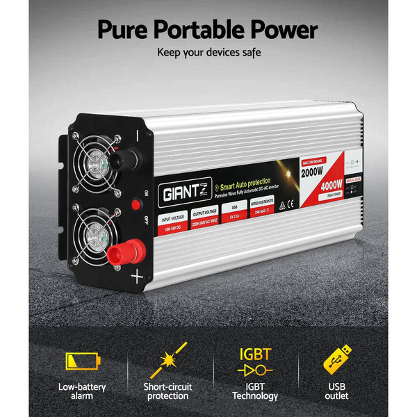 Giantz Power Inverter 2000W or 4000W Pure Sine Wave 12V-240V Camping Boat Caravan Giantz