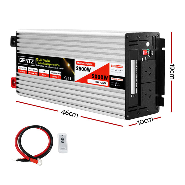 Giantz Power Inverter 12V to 240V 2500W/5000W Pure Sine Wave Camping Car Boat Giantz