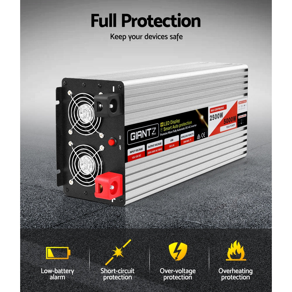 Giantz Power Inverter 12V to 240V 2500W/5000W Pure Sine Wave Camping Car Boat Giantz