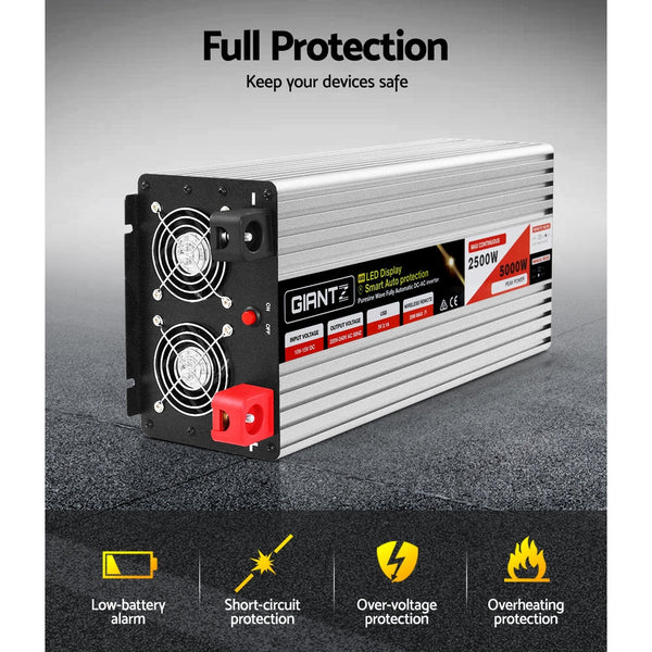 Giantz Power Inverter 12V to 240V 2500W/5000W Pure Sine Wave Camping Car Boat Giantz