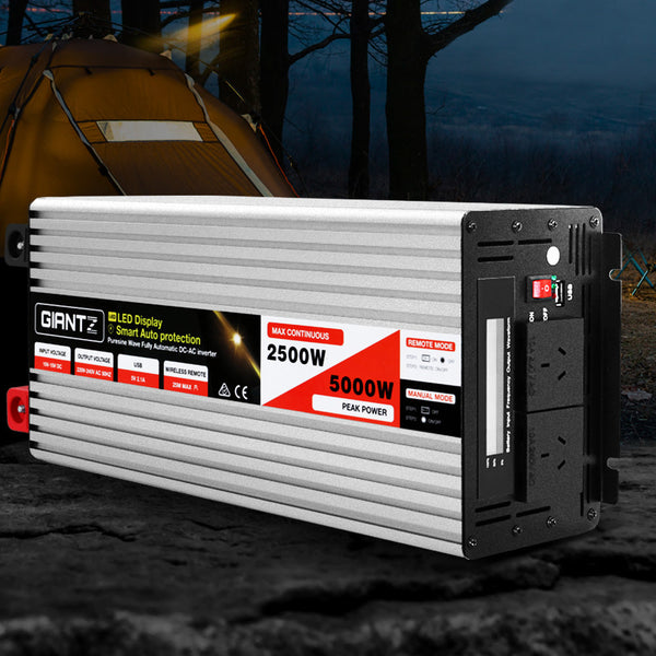 Giantz Power Inverter 12V to 240V 2500W/5000W Pure Sine Wave Camping Car Boat Giantz