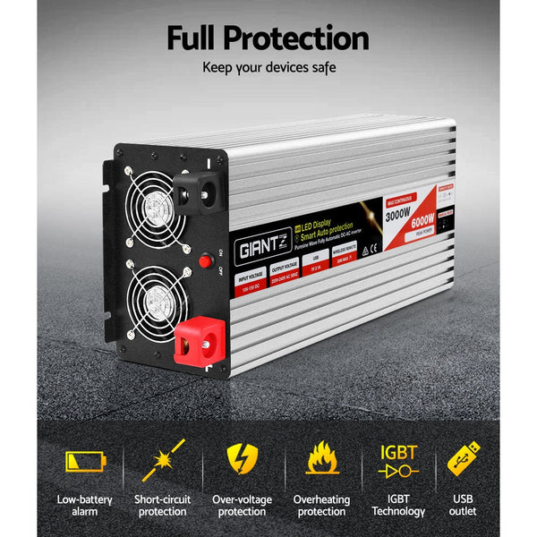 Giantz Power Inverter 3000W or 6000W Pure Sine Wave 12V-240V Camping Boat Caravan Giantz