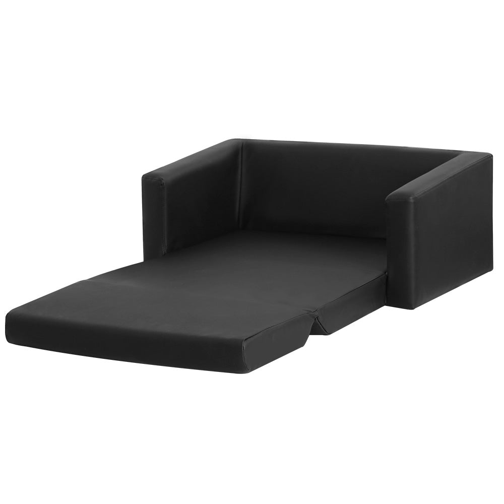 Keezi Kids Convertible Sofa 2 Seater Black PU Leather Children Couch Lounger Keezi