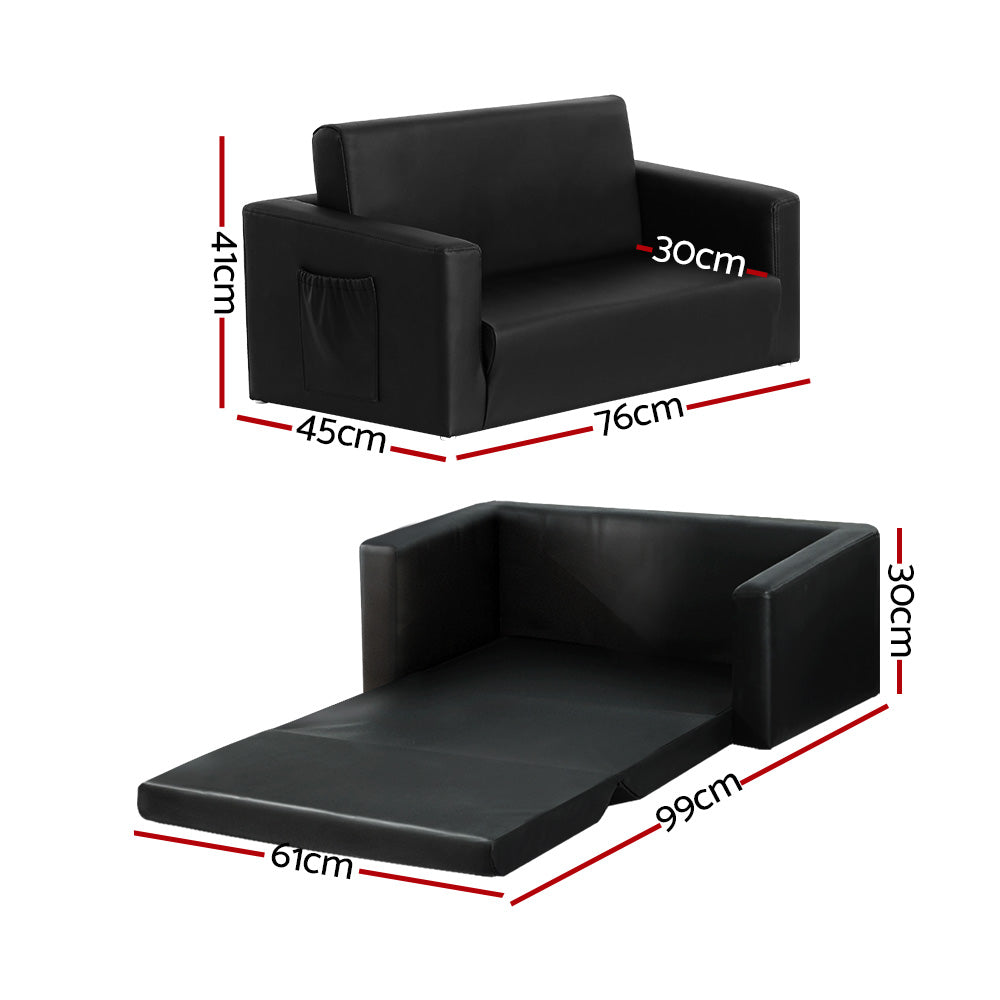 Keezi Kids Convertible Sofa 2 Seater Black PU Leather Children Couch Lounger Keezi