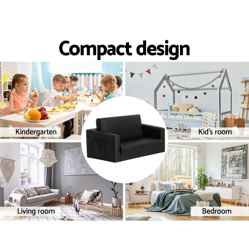 Keezi Kids Convertible Sofa 2 Seater Black PU Leather Children Couch Lounger Keezi