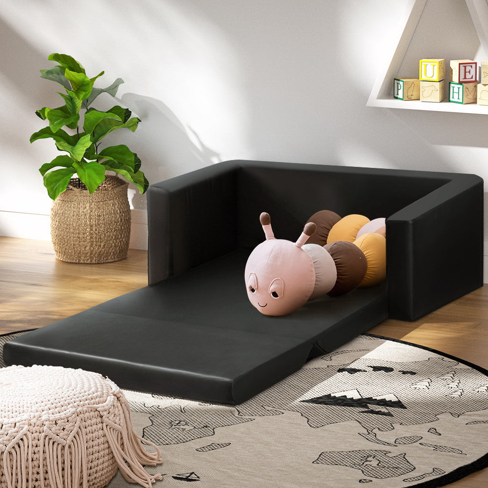 Keezi Kids Convertible Sofa 2 Seater Black PU Leather Children Couch Lounger Keezi
