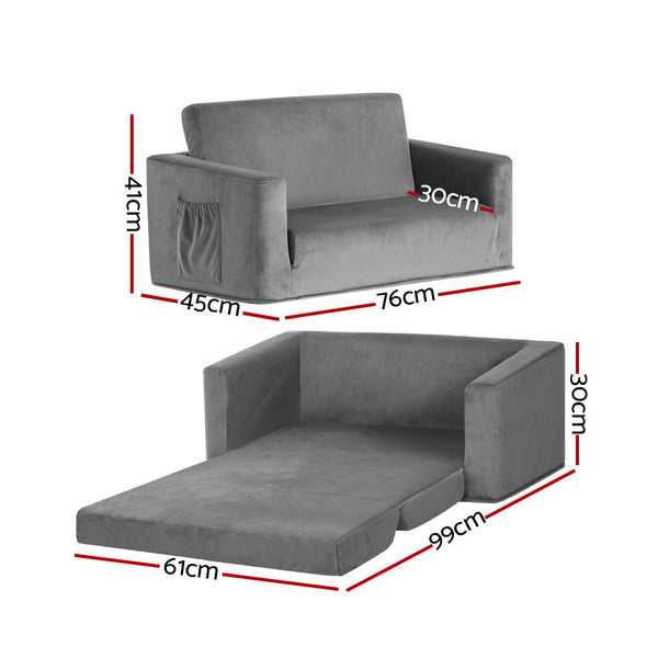 Keezi Kids Convertible Sofa 2 Seater Children Flip Open Couch Lounger Grey Keezi