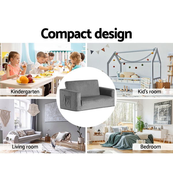 Keezi Kids Convertible Sofa 2 Seater Children Flip Open Couch Lounger Grey Keezi
