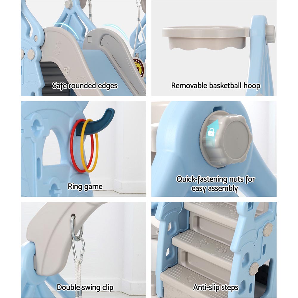 Keezi Kids 170cm Slide and Swing Set Playground Basketball Hoop Ring Outdoor Toys Blue Keezi