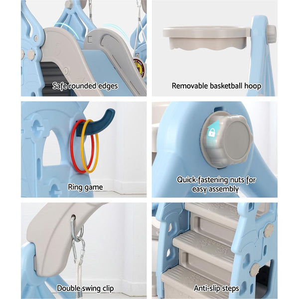 Keezi Kids 170cm Slide and Swing Set Playground Basketball Hoop Ring Outdoor Toys Blue Keezi