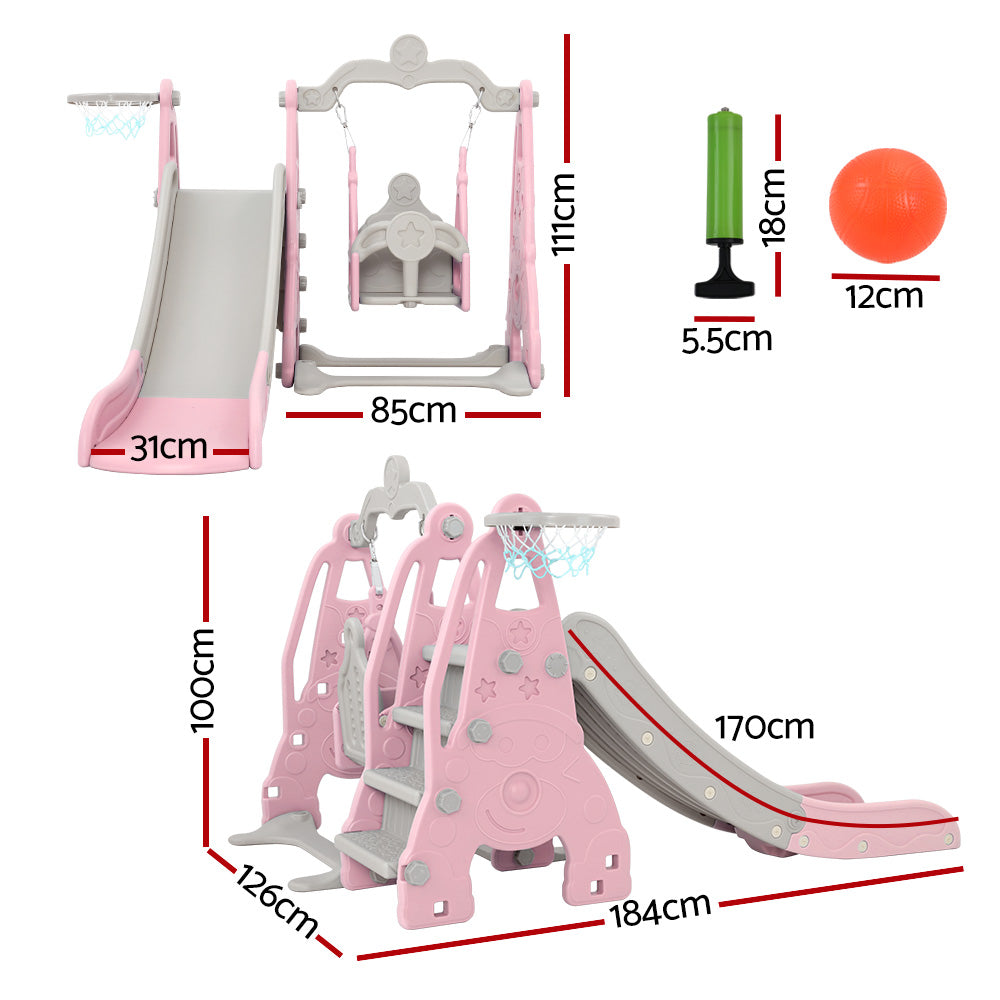 Keezi Kids Slide 170cm Extra Long Swing Basketball Hoop Toddlers PlaySet Pink Keezi