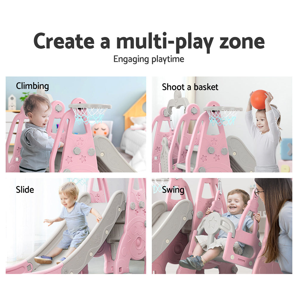 Keezi Kids Slide 170cm Extra Long Swing Basketball Hoop Toddlers PlaySet Pink Keezi