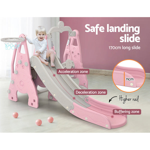 Keezi Kids Slide 170cm Extra Long Swing Basketball Hoop Toddlers PlaySet Pink Keezi