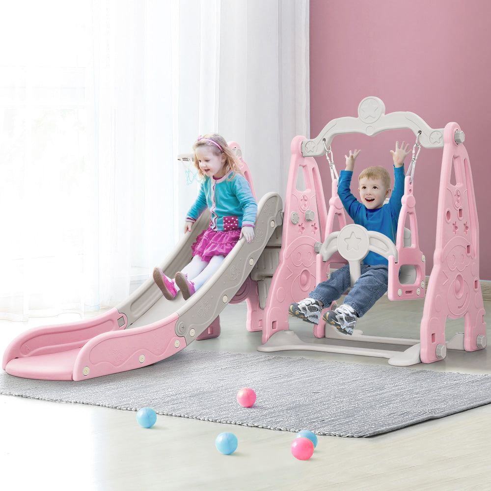 Keezi Kids Slide 170cm Extra Long Swing Basketball Hoop Toddlers PlaySet Pink Keezi