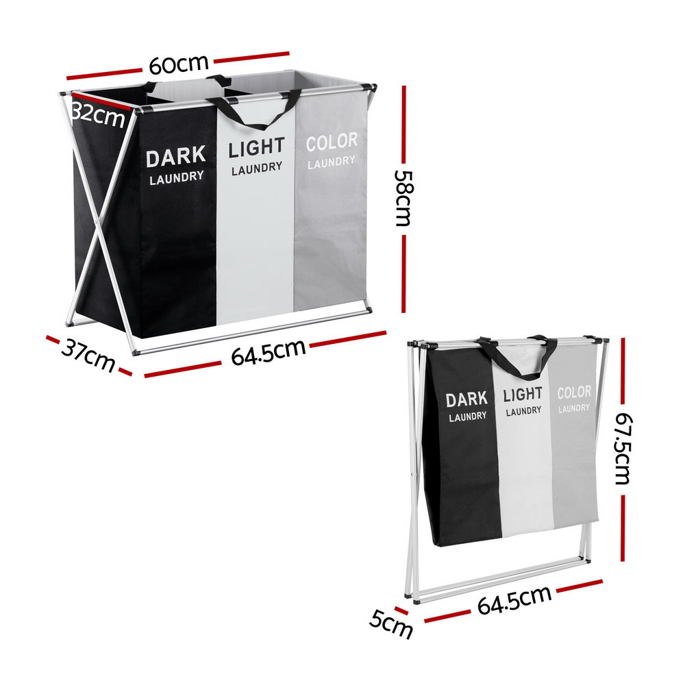 Artiss Laundry Basket Hamper Large Foldable Washing Clothes Storage 3 Sections Artiss