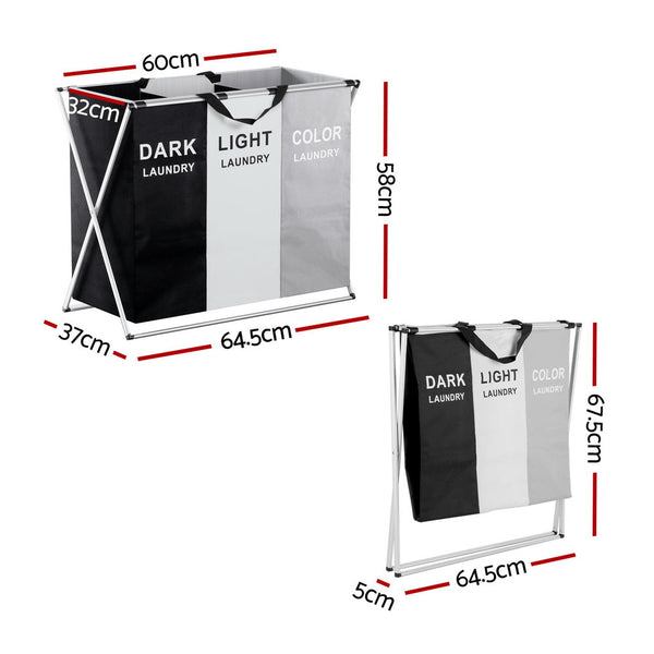 Artiss Laundry Basket Hamper Large Foldable Washing Clothes Storage 3 Sections Artiss