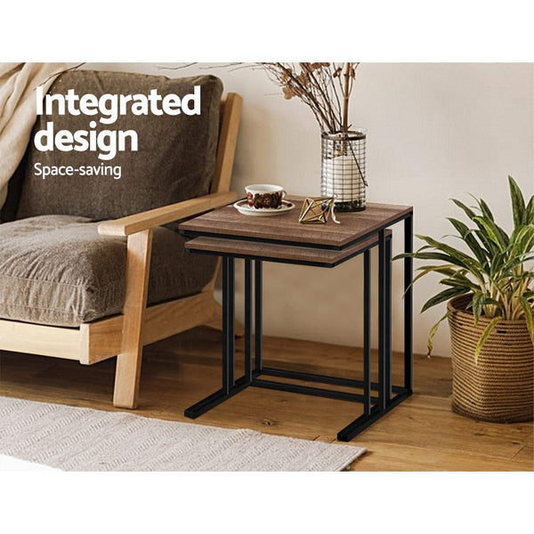 Artiss Coffee Table Nesting Side Tables Wooden Rustic Vintage Metal Frame freeshipping - Awezingly