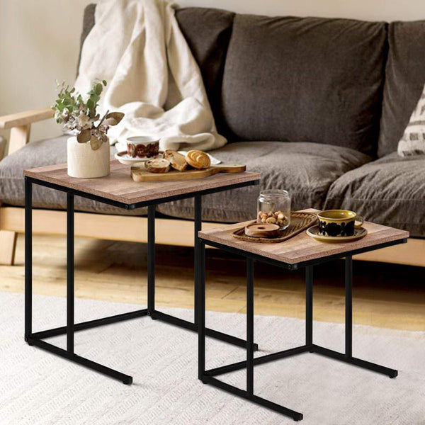 Artiss Coffee Table Nesting Side Tables Wooden Rustic Vintage Metal Frame freeshipping - Awezingly