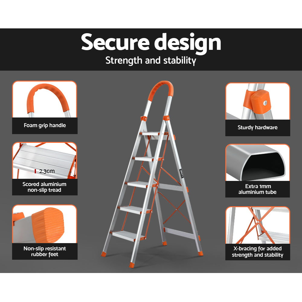 Giantz 5 Step Ladder Multi-Purpose Folding Aluminium Light Weight Non Slip Platform Giantz