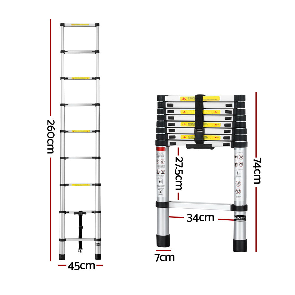 Giantz 2.6M Telescopic Ladder Aluminium Extension Extendable Steps Adjustable Height Giantz