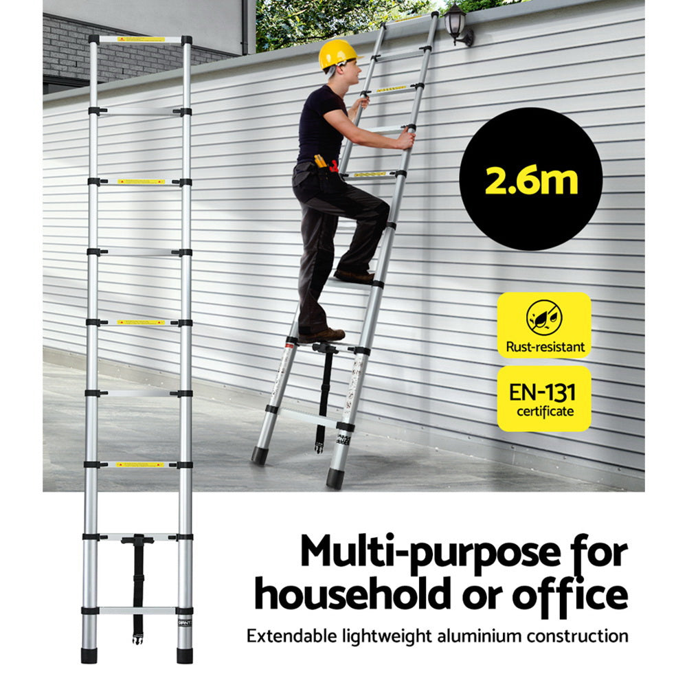 Giantz 2.6M Telescopic Ladder Aluminium Extension Extendable Steps Adjustable Height Giantz