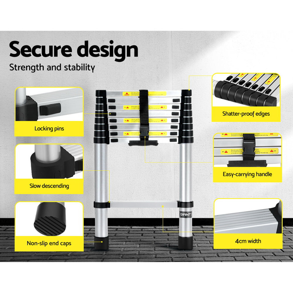 Giantz 2.6M Telescopic Ladder Aluminium Extension Extendable Steps Adjustable Height Giantz