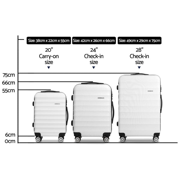 Wanderlite 3pcs Luggage Trolley Set Travel Suitcase TSA Hard Case White Wanderlite