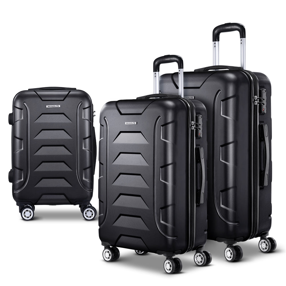 Wanderlite 3pc Luggage Travel Sets Suitcase Trolley TSA Lock Black Wanderlite